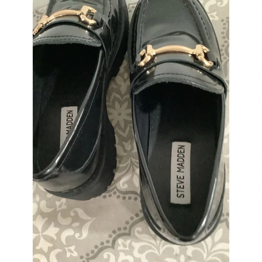 Steve Madden Lando Mens 6.5 M Black Patent Leather Chunky Lug Horsebit Loafers